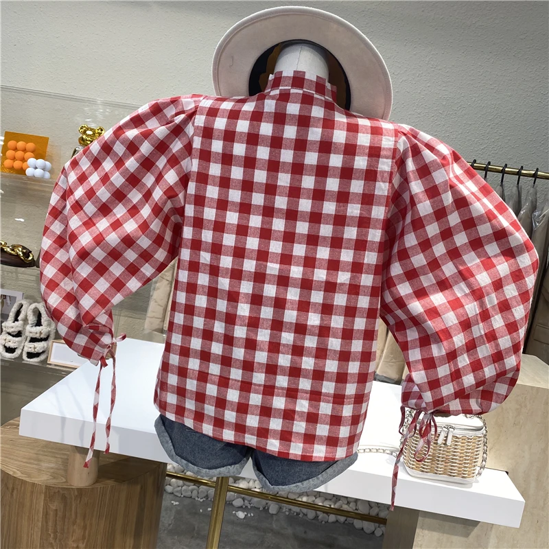

2021 New Plaid Shirt Female Joker Careful Machine V-neck Lantern Sleeve Long Sleeve Shirt Loose Top