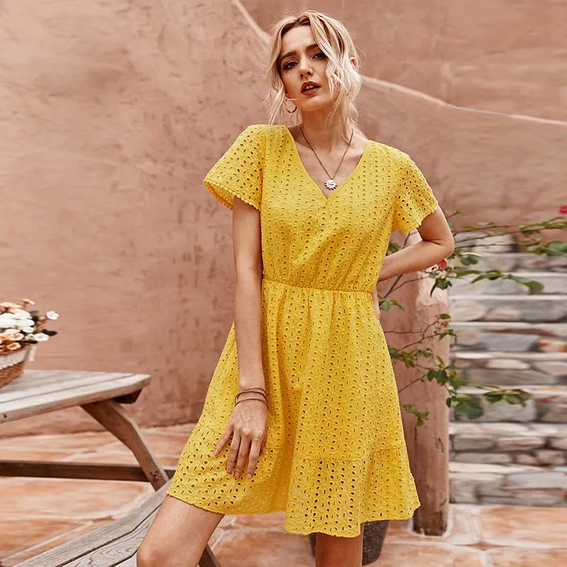 

Elegant Summer Woman Dress Sexy V-Neck Short Sleeve Hollow Out Office Lady Dresses Vestidos W513