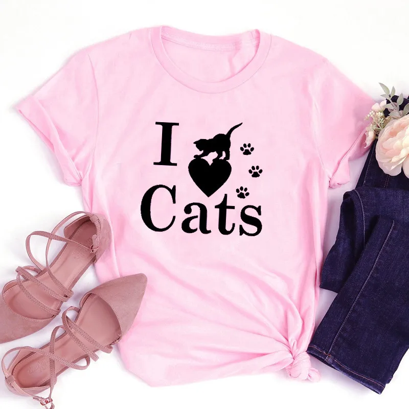 

Женская футболка из 100% хлопка с принтом «I LOVE CATS», женская футболка с коротким рукавом, женские топы, одежда, Camisetas Mujer