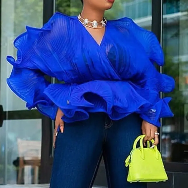 Женская прозрачная туника с длинным рукавом V образным вырезом и оборками|Блузки|