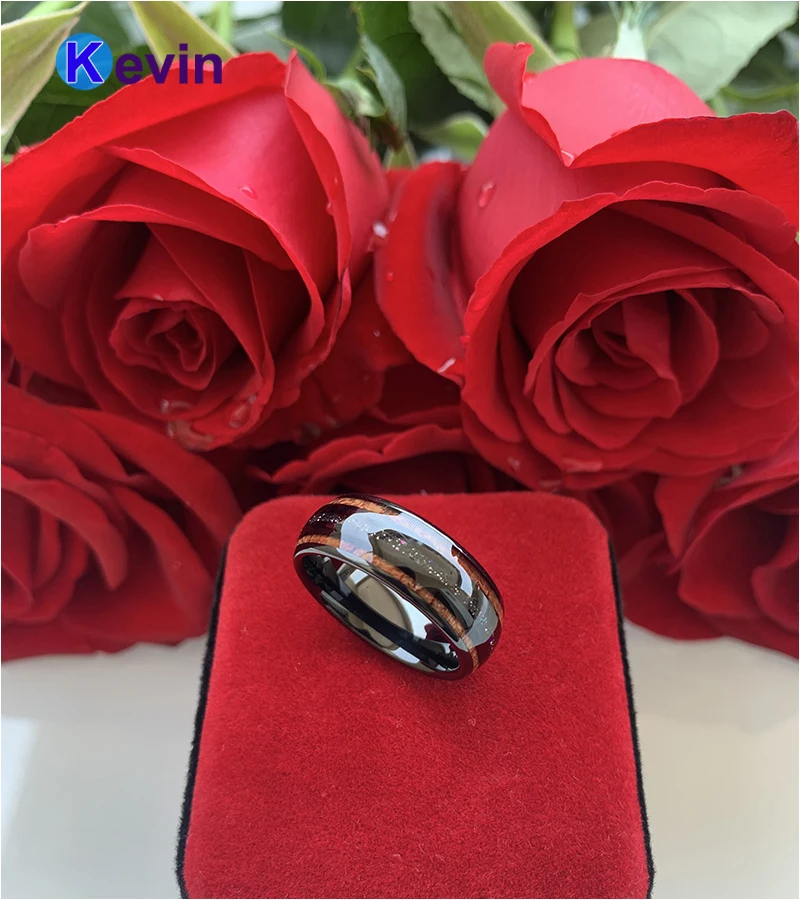 Черный обручальное кольцо из вольфрама для мужчин и женщин с огненным опалом