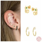 Серьги-гвоздики женские двойные из серебра 925 пробы с зеленым цирконием