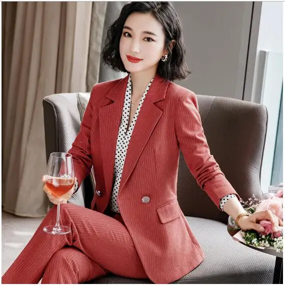 

Женские костюмы в полоску с длинным рукавом, пиджак и брюки, деловая одежда для работы, Осень-зима