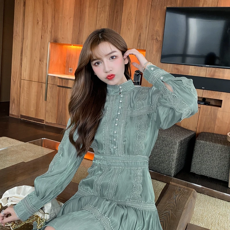 

Lace Patchwork Embroidery Dress Women 2020 Autumn And Winter Luxury Puff Long Sleeve High Waist Slim Mini A-Line Dresses