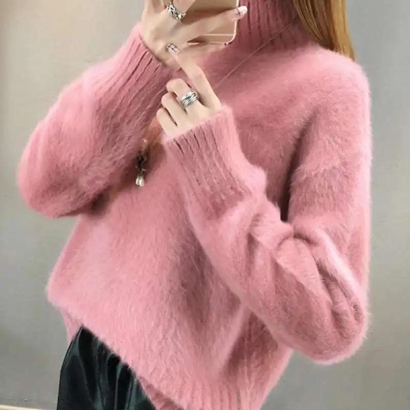 Женский пуловер повседневный однотонный мохер с круглым вырезом Модные осенние