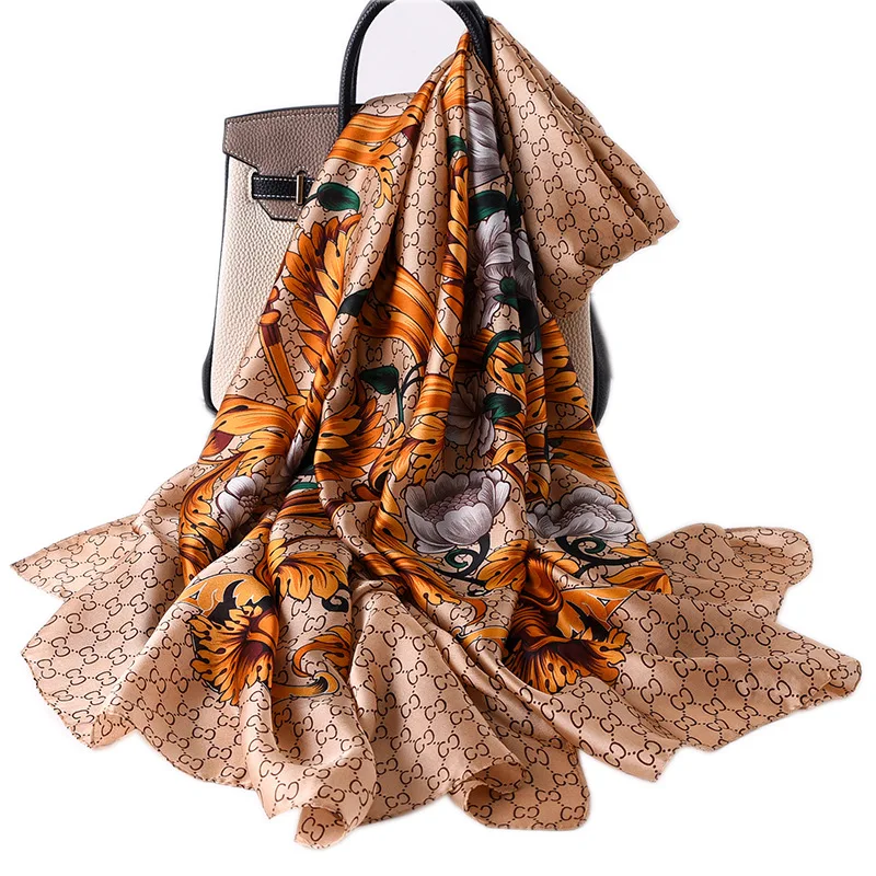 

New Letter Printing Summer Sunscreen Silk Scarf Female Shawl Oversized Beach Towel Simulation Silk Scarf Air Conditioning Shawl