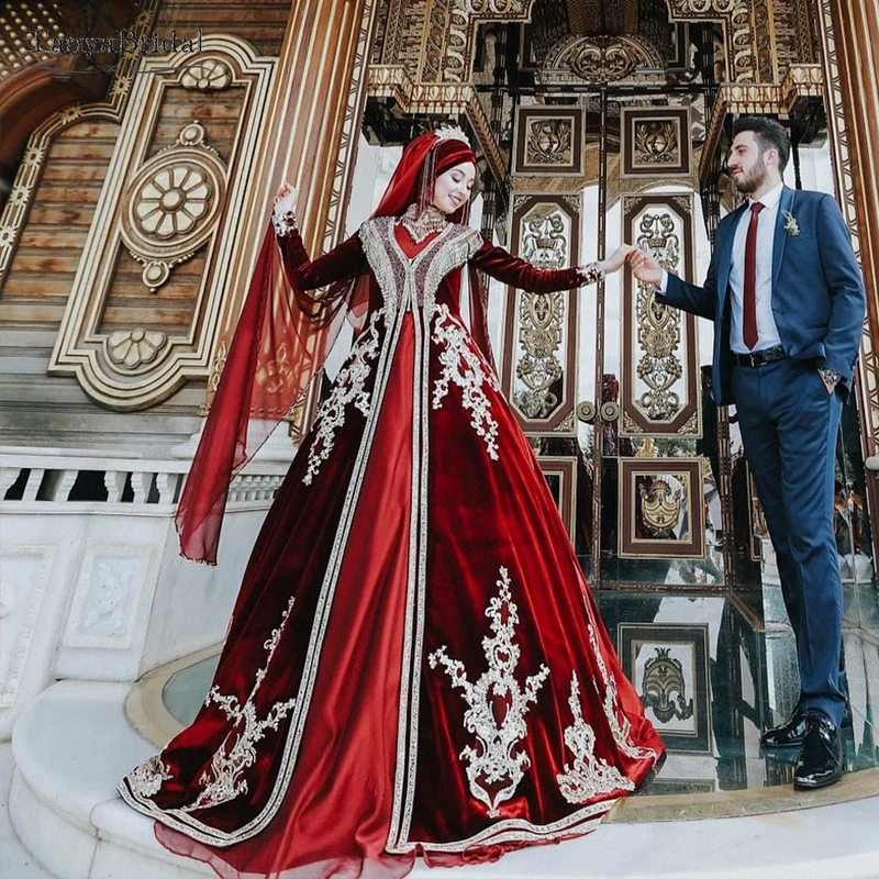 Красные мусульманские свадебные платья с длинным рукавом кружевные аппликации