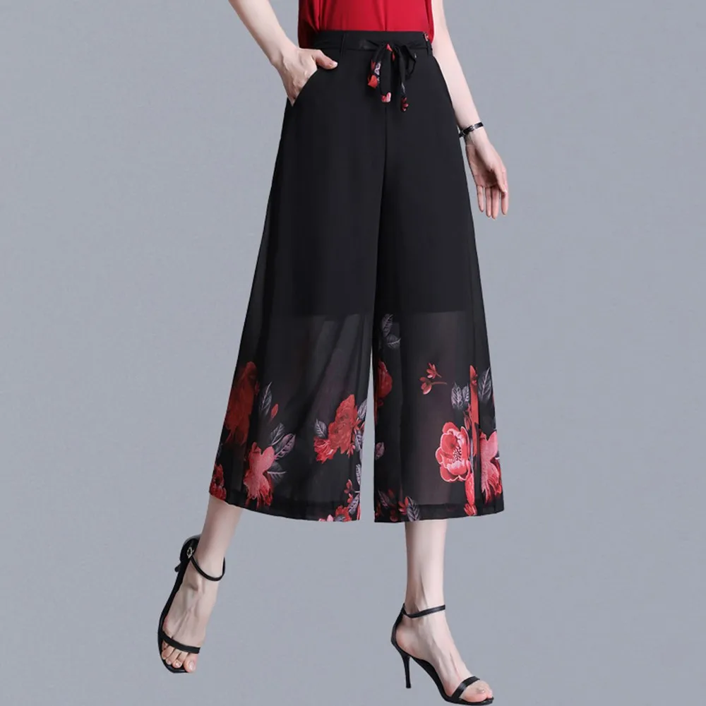 

Summer Chiffon Skirt Culottes Women Elegant Printing Wide-leg Elastic Waist Strap Cropped Straight Oversize Thin Pants Culottes