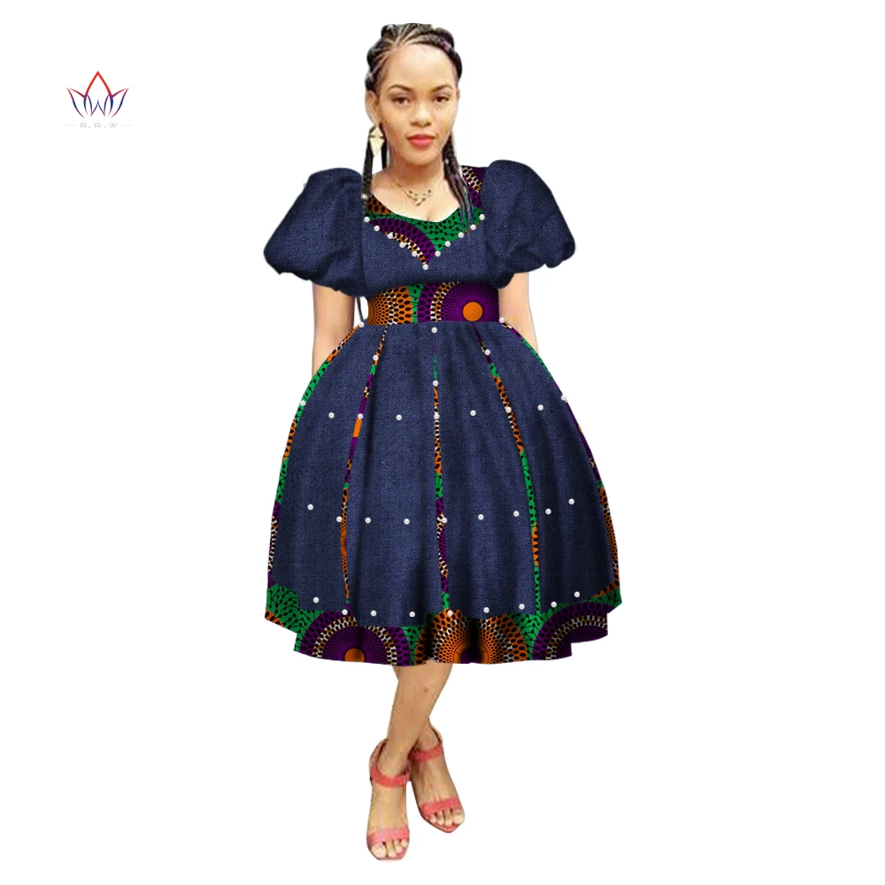 

summer african women bazin dress 2021 o-neck dress puff-sleeve african clothing traditional vintage dresses plus size WY1887