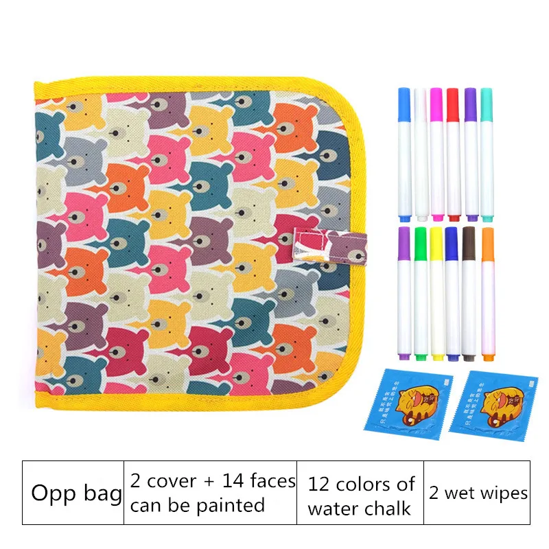 Bear 14faces 12pens Новинка ПВХ Дети DIY обучающая игрушка граффити Рисование книга стираемая доска с водой Мел раскраска книга доска для рисования - Цвет: Bear 14faces 12pens