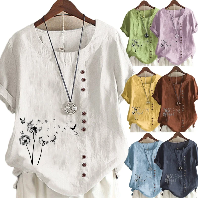 

Женская свободная льняная блузка с круглым вырезом и коротким рукавом