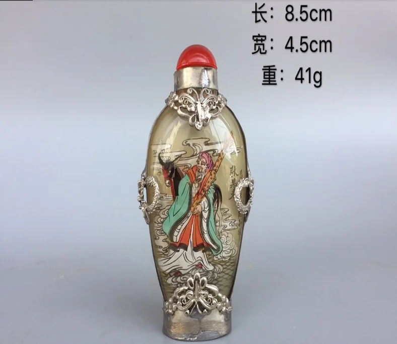 

Китайская старая Пекинская стеклянная Встроенная картина табак бутылка тибетская серебряная мозаика стеклянные персонажи узор Zhangguolao