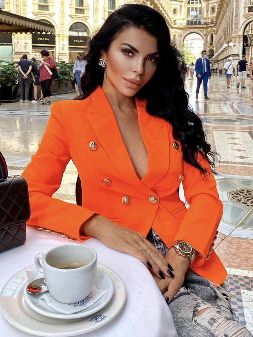 Двубортное пальто с длинным рукавом оранжевого цвета модные офисные женские