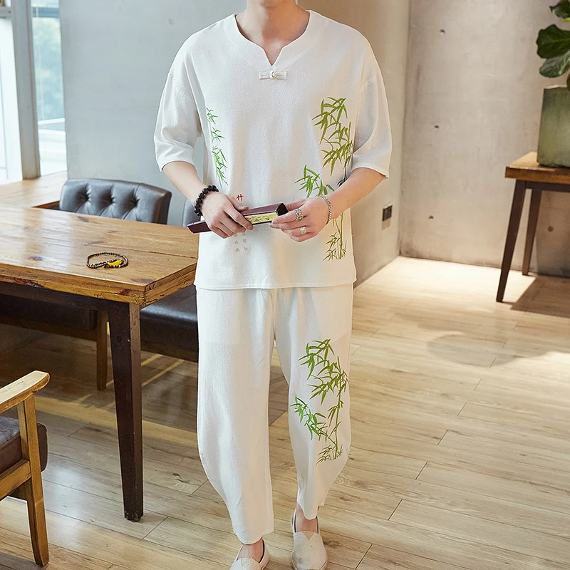 Комплект одежды Sinicism Store для мужчин Повседневная футболка из хлопка и льна