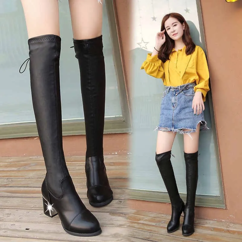 

Women's Pointed Sexy Black Matte Flocked Square Heel Platform Ankle Boots Party Fashion Long Tube Women's Boots