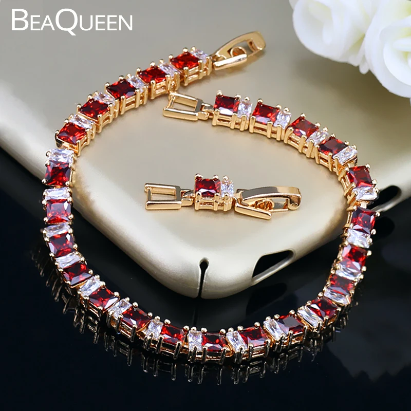BeaQueen изысканный золотой цвет ювелирные изделия квадратный CZ Кристалл и кубический циркон камень установка индийский красный браслет для женщин B039