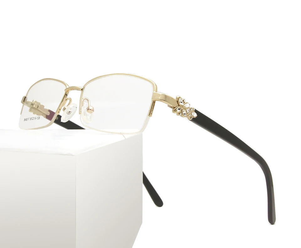Rhinestone Women'S Eyeglasses Frame With Diamonds Golden Women Half Rim Metal Optical Frame Alloy Woman Square Glasses