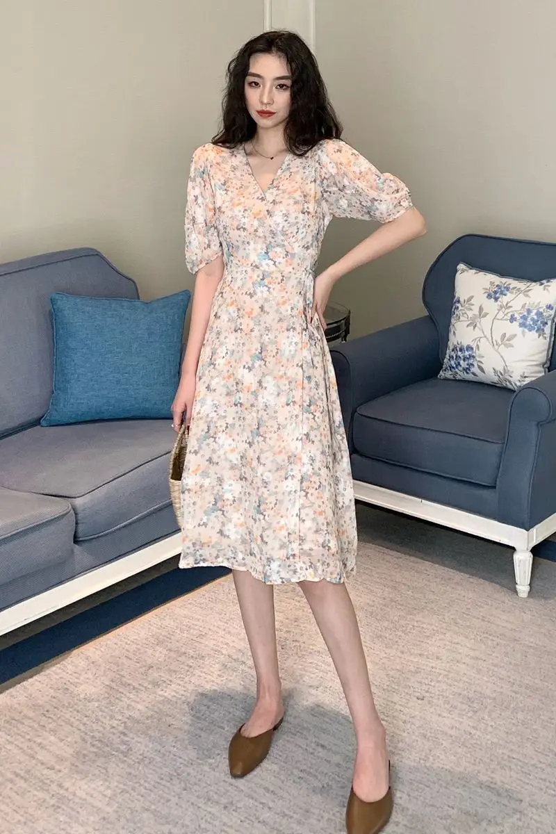 

COIGARSAM French Style Print Women dress Summer Chiffon V-Neck Dresses Floral 36897