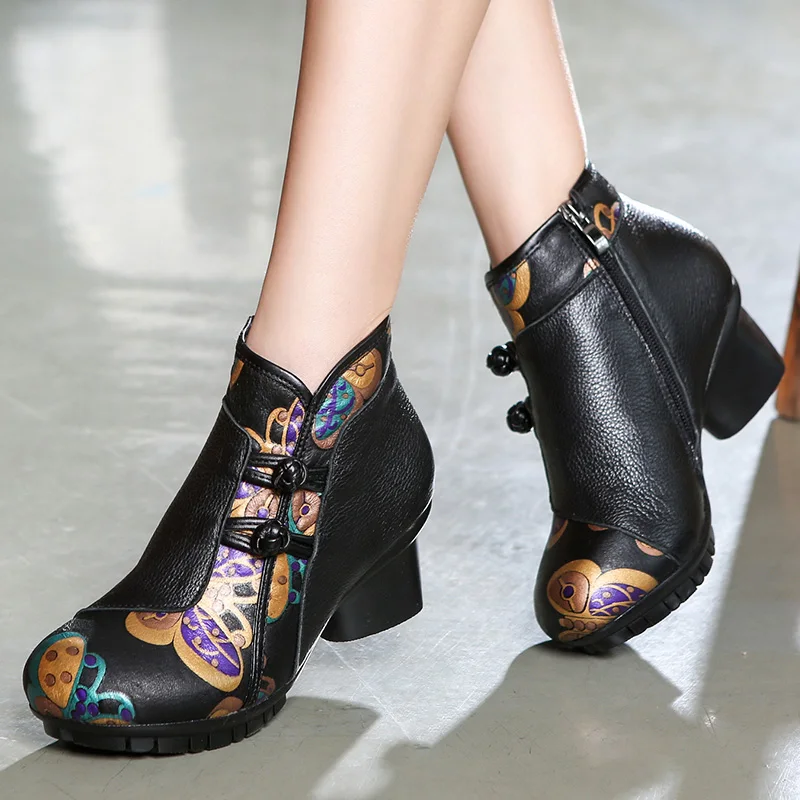 

YAERNI High Heels Ankle Boots For Women Autumn Winter Genuine Leather Women Boots Retro Handmade Comfortable Shoes