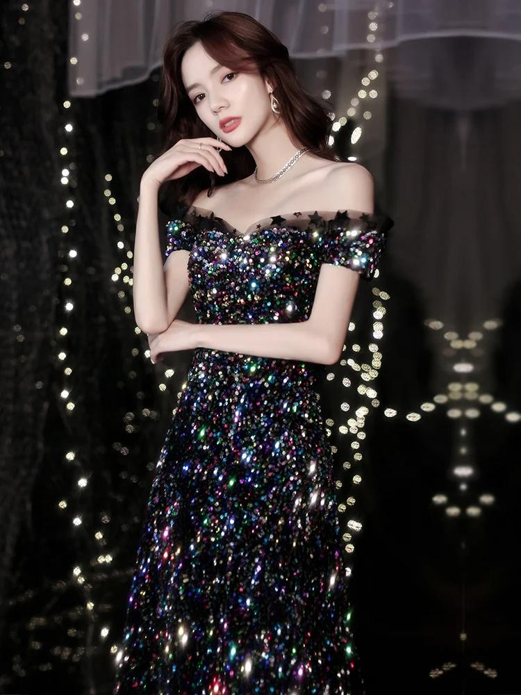 

Vestidos De Fiesta 2021 New Listing Sequins Evening Dress Long Elegant Off the Shoulder Evening Gowns Sexy Backless Formal Dress