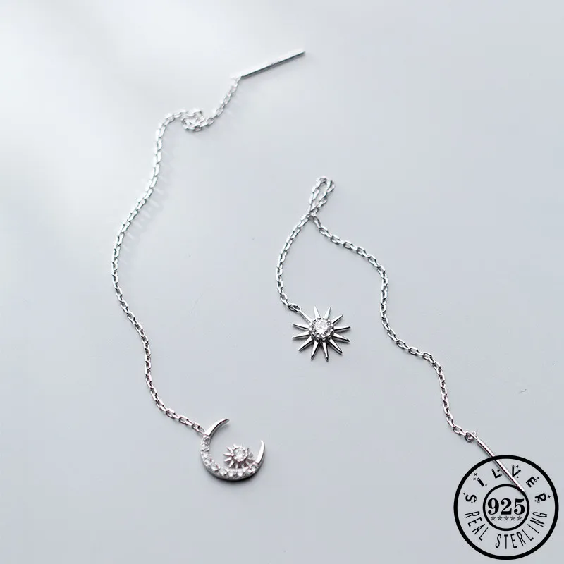 925 серебро Асимметричный кубический циркон Sun Moon Серьги нити золото Цвет Длинная
