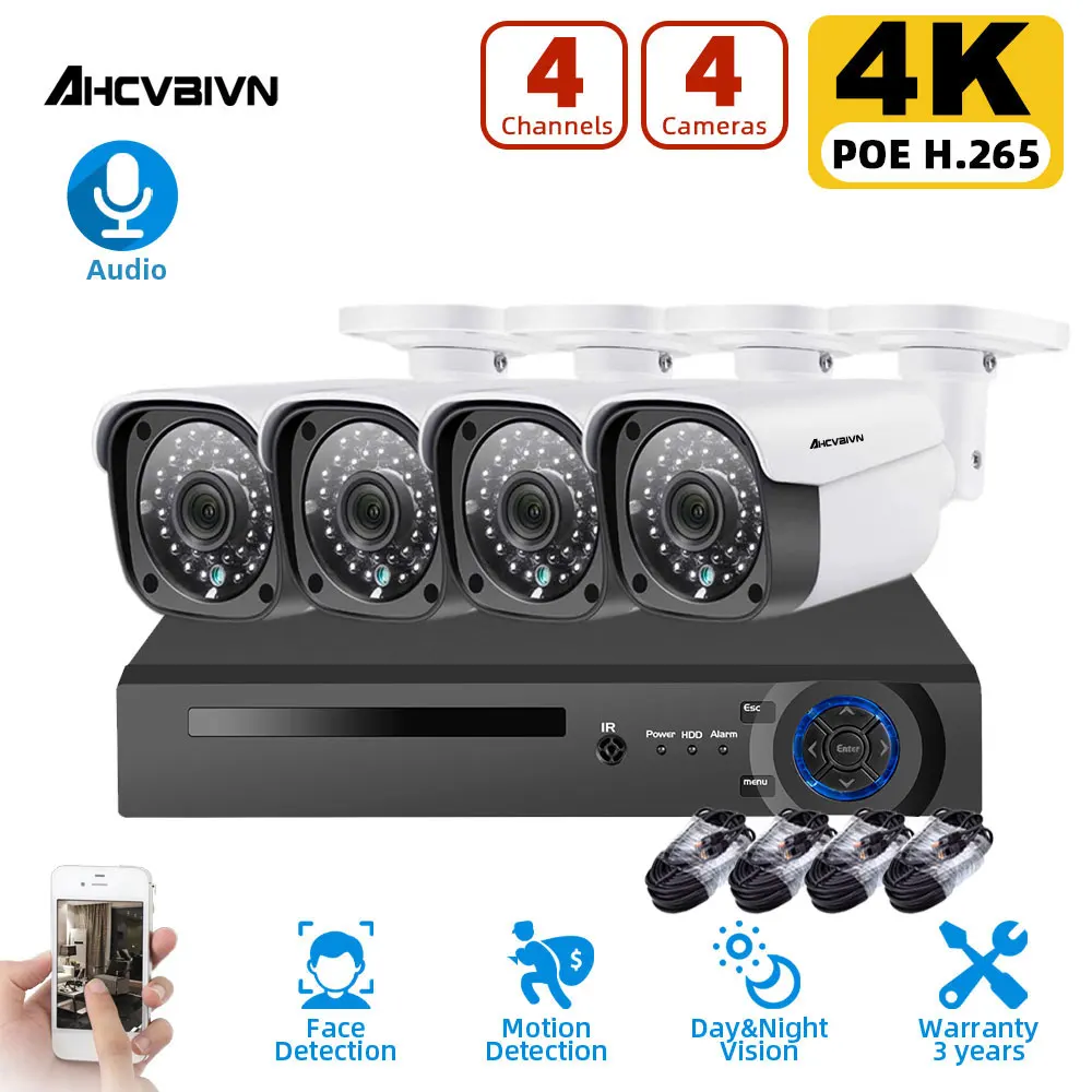 

Комплект видеонаблюдения, 4 канала, 4K POE NVR, H.265 AI, 8 Мп уличная водонепроницаемая IP-камера, аудиозапись, комплект видеонаблюдения