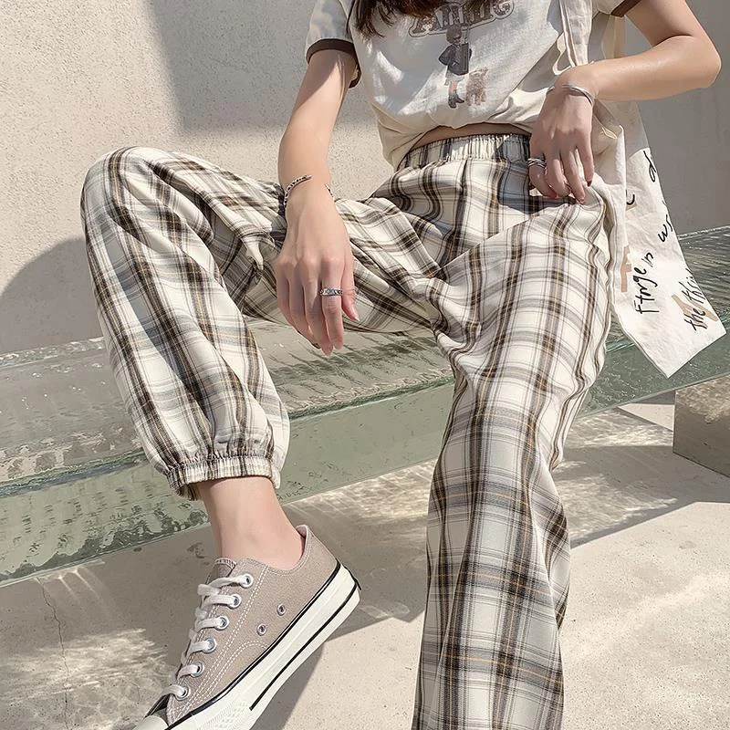 

Retro Plaid Harem Pants Loose Wide Leg Trousers Korean Fashion Women Casual Chic Pants Harajuku Hip-hop Streetwear Pants