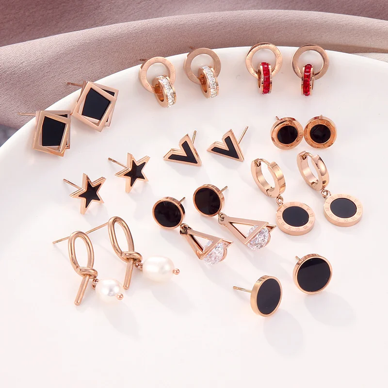 

Fashion Geometric Simple Versatile Earrings For Women Girls Female Trinkets Rose Gold Titanium Steel Earrings Mix Styles Jewelry