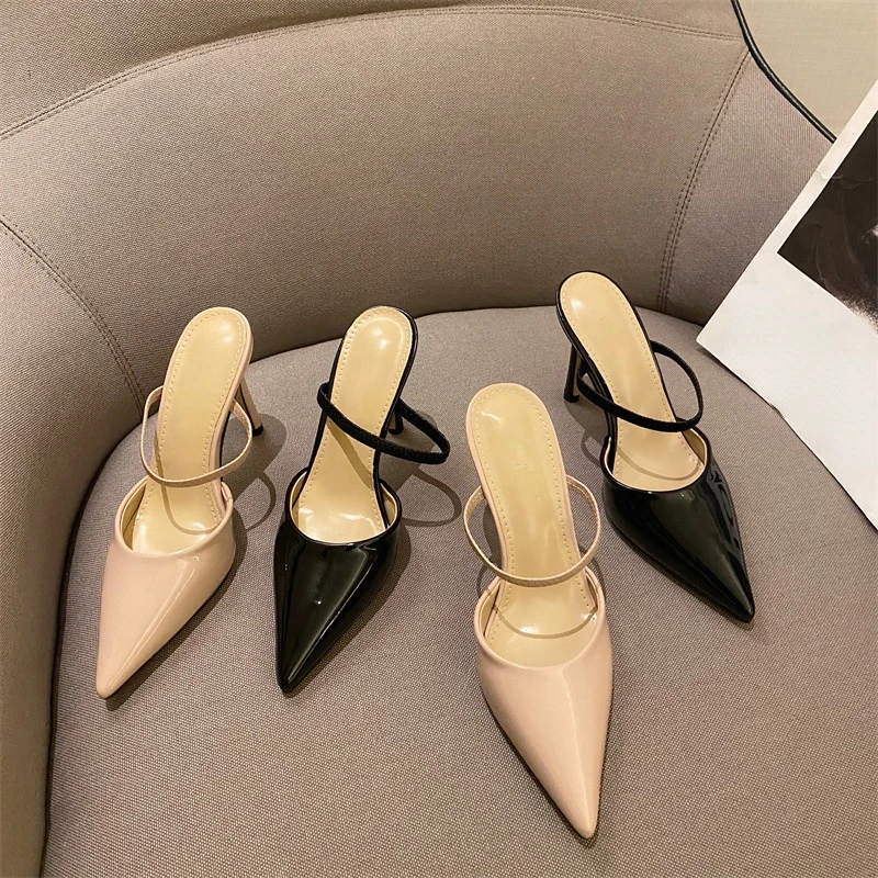 

New Roman Style Simple Elegant Pointed Toe Stiletto Toe Box Shallow Mouth Back Empty Half Slippers Women's High Heels