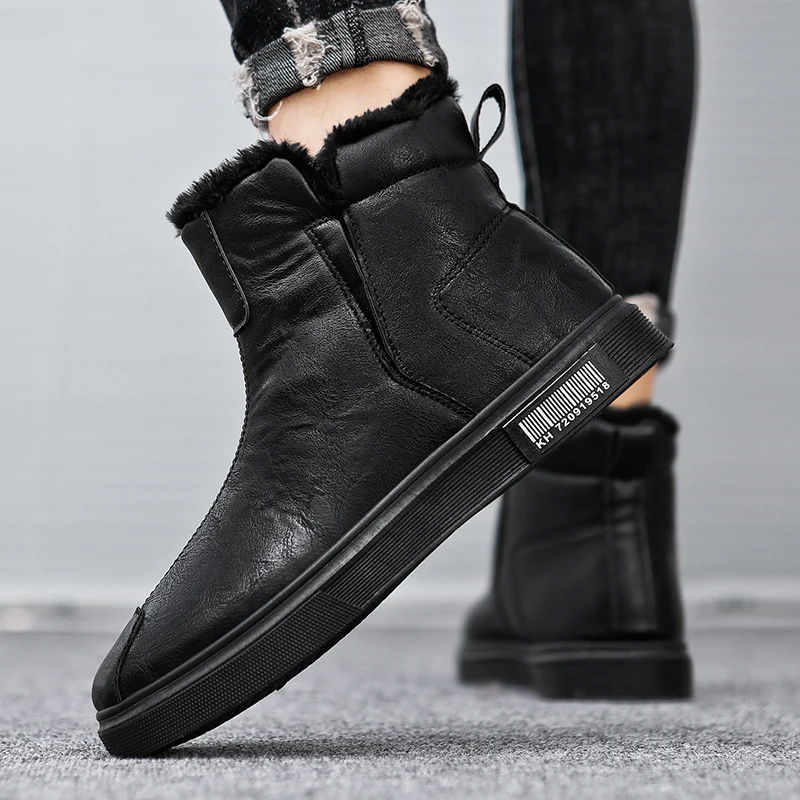 Мужские ботинки из искусственной кожи плюшевая теплая зимняя обувь для мужчин