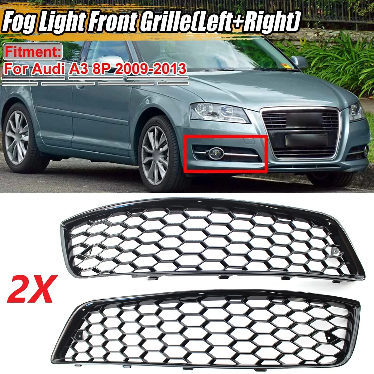 

Pair Gloss Black Honeycomb Mesh Style Car Front Fog Light Lamp Cover Grille Grill For Audi A3 8P 2009-2013 8P0807682D 8P0807681D