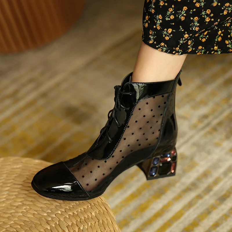 

Prova Perfetto fashion hollow out lace up women boots sexy mesh round toe spring autumn women ankle boots Crystal heels shoes