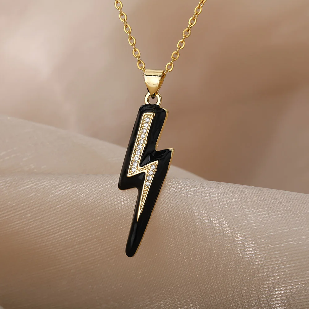 

Colorful Retro Zircon Lightning Necklace For Women Men Stainless Steel Hip Hop Punk Gold Chain Necklaces Choker Party Jewerly