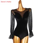 Комбинезон для латинских танцев Женский, взрослый, детский, элегантный боди с точечный Фонарь рукавом, Элитный Современный топ для танцев