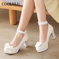 coolulu ankle strap women shoes pltaform extreme high heels bow buckle thick heel pumps cospaly lolita style footwear female 47