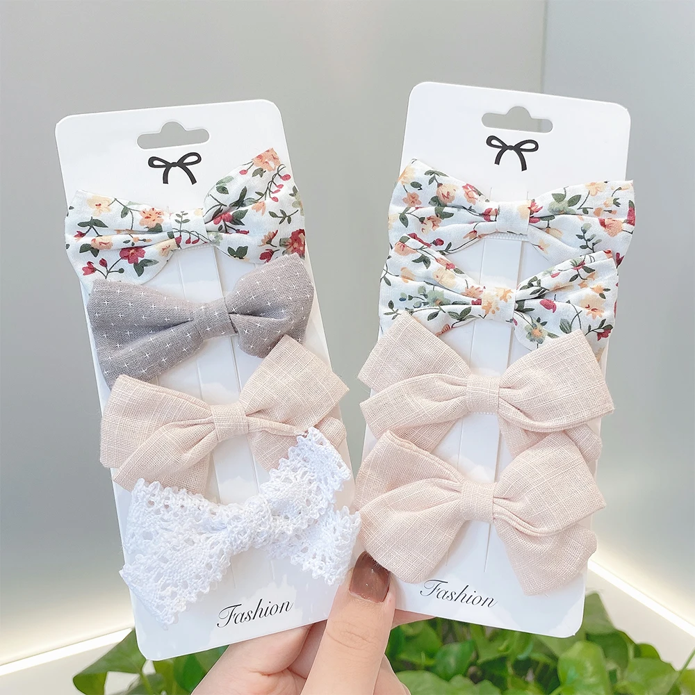 

4Pcs/Set Cotton Linen Leopard Printed Bowknot Hair Clips For Kids Girls Lace Bows Barrettes Hairpins Headwear Hair Accessories