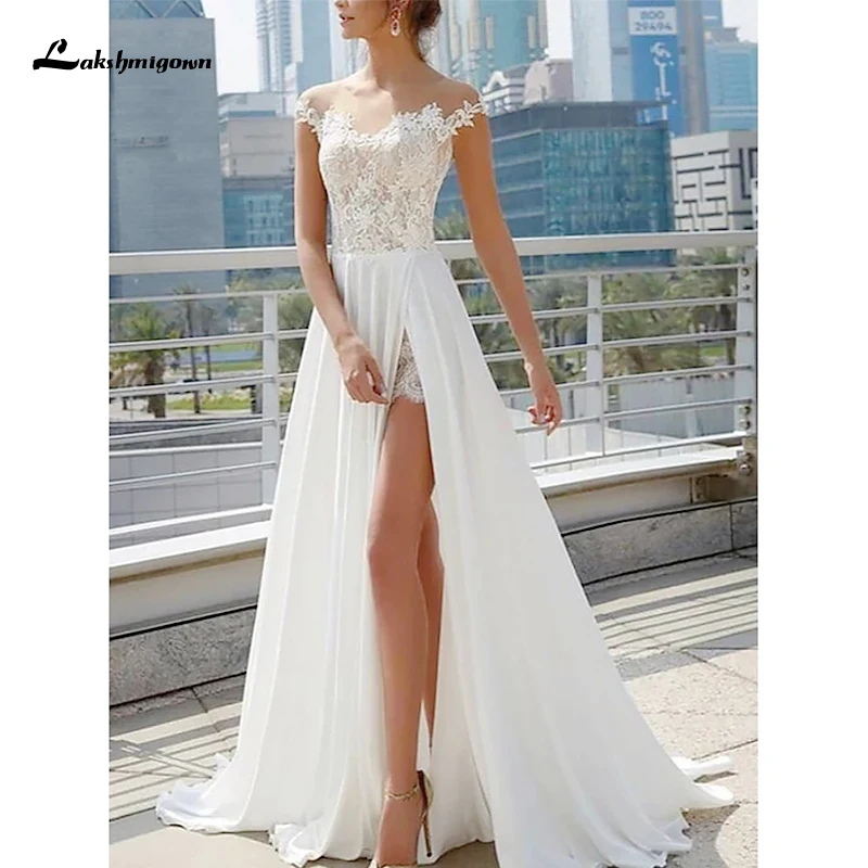 

Sexy Boho Plus Size with Split Front A-Line Wedding Dresses Off Shoulder Sweep/Brush Train Lace Satin Cap Sleeve