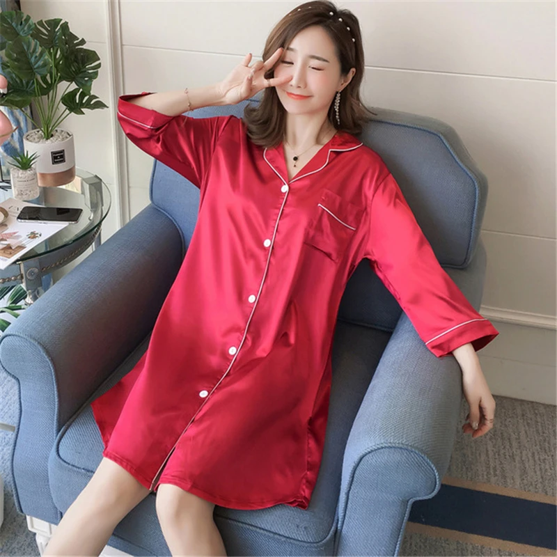 

Large size Nightdress lapel cardigan woman's rayon wine red home skirt evening sexy skirt bathrobe 5 XL Sleepwear