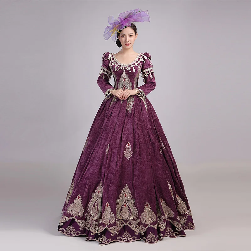 

Wine Red Women Masquerade Club Party Dress Medieval V-Neck Long Sleeve Ball Gowns Theater Costumes Customized