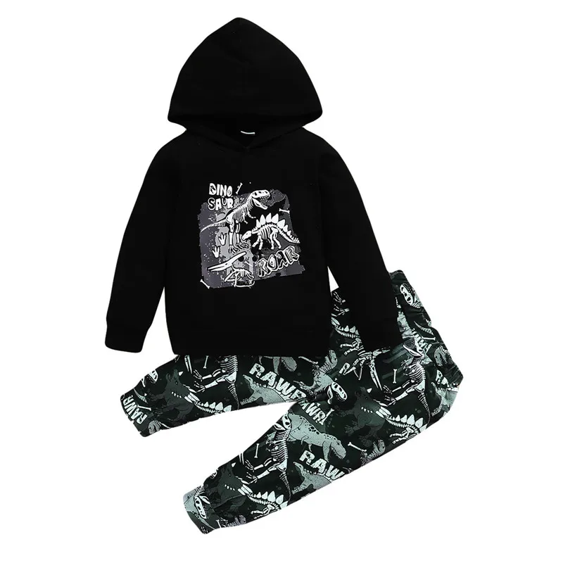 

2Pcs Kids Spring Tracksuits Dinosaur Print Hooded Long Sleeves Sweatshirt + Elastic Waist Slacks for Boys