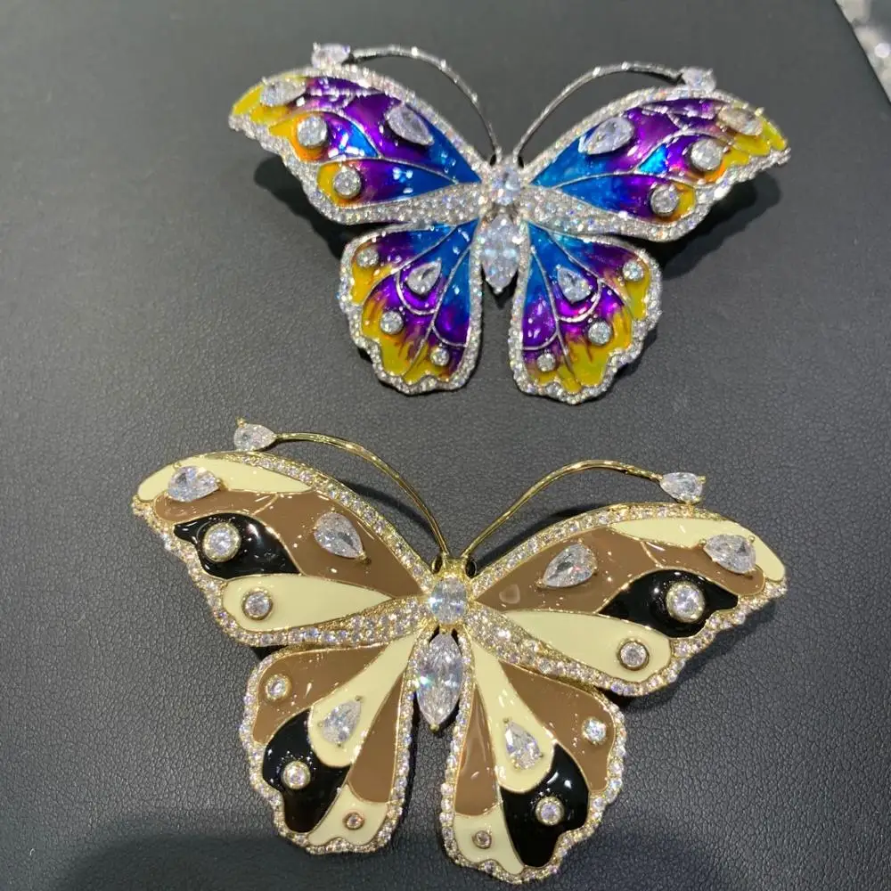 

insect big butterfly brooch purple brown color copper with cubic zircon and oil drip fashion women jewelry free shipping