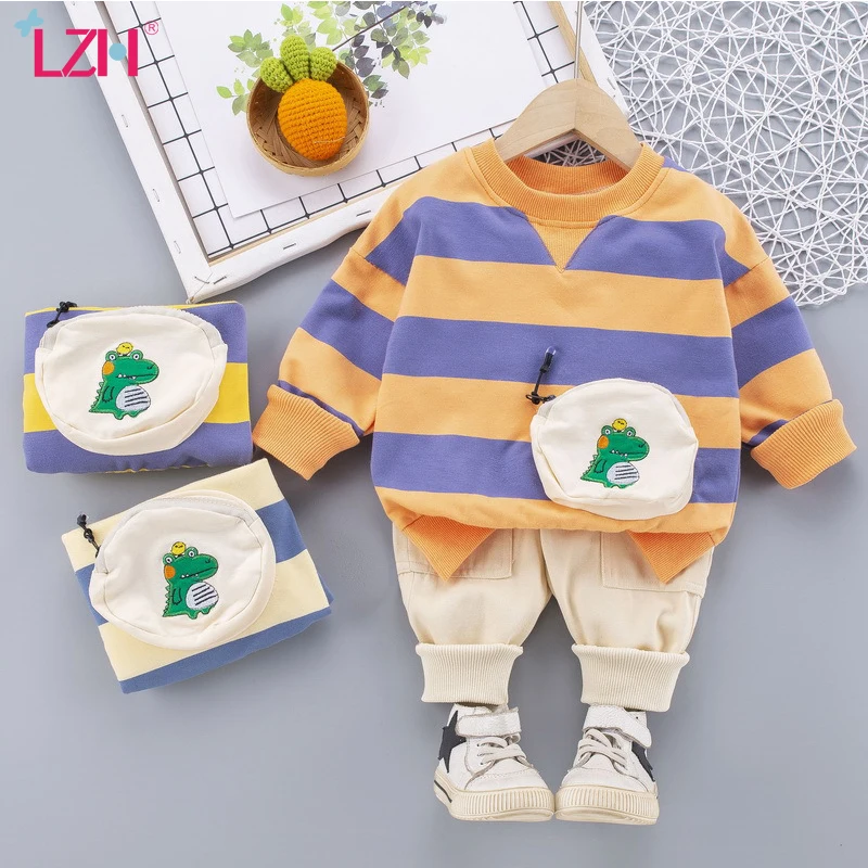 

LZH 2021 Spring Fashion Cartoon Striped Children's Sports Suit Long Sleeve Newborn Baby Boys Set New Kids Clothes 1-2-3-4 Years