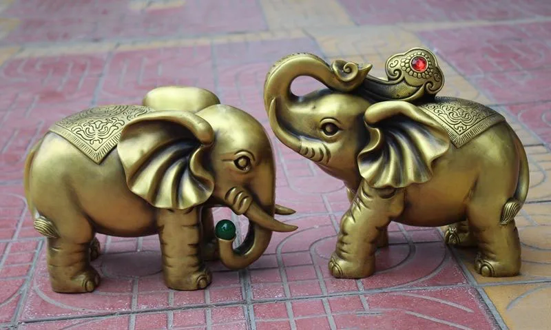 

Рождество 12 "Счастливая Китайский Фэншуй латунь богатство Жуи Благоприятный слон статуя животного пара свадебные украшения