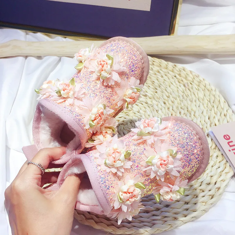 Новые зимние детские ботинки ботильоны с цветами для маленьких девочек детская