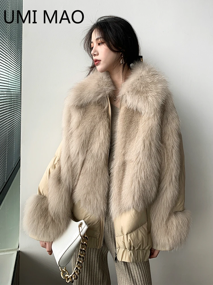 

UMI MAO 2021 Winter New Fox Fur Coat Women's Slim Bat Shirt 90 White Duck Down Mid-length Collar Feminino Casual Loose Outwear