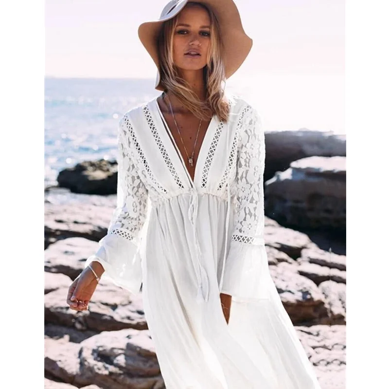 Elegant Peacock Blue Hollow Out Beach Dress Sexy Deep V Neck High Waist Plus Size Swimwear Women Tunic Cover Up N274 |