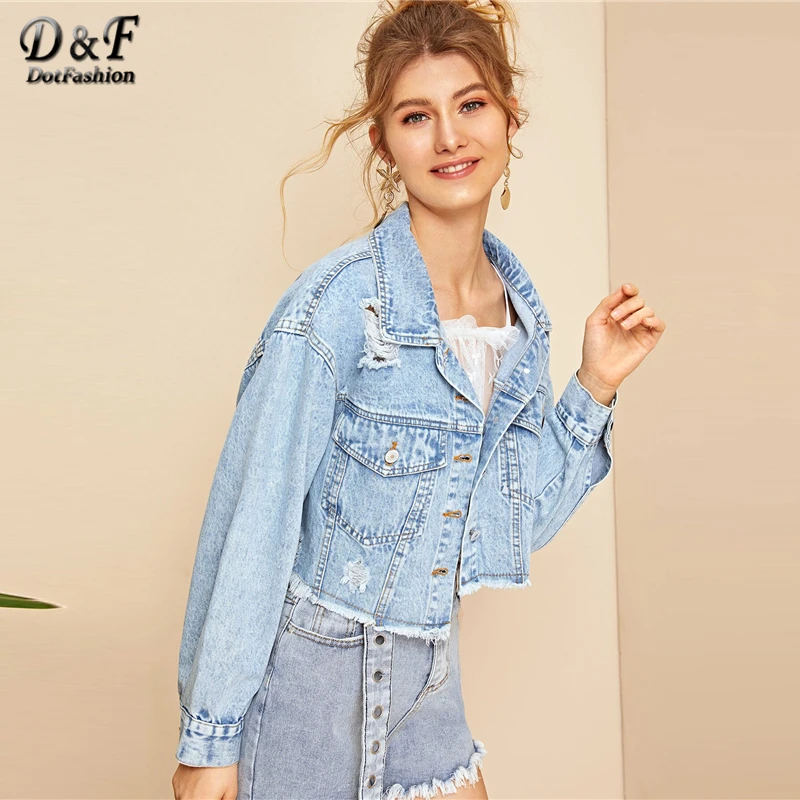 Dotfashion синяя короткая джинсовая куртка с рваными потрепанными краями и хлопьями для женщин Осенняя Повседневная однобортная одежда осеннее однотонное пальто