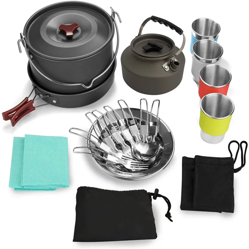 Camping Cookware Mess Kit Non-Stick Protable Pot Set With Kettle Folding Dishes Cup Plate Spoon Fork for Picnic With Storage Bag