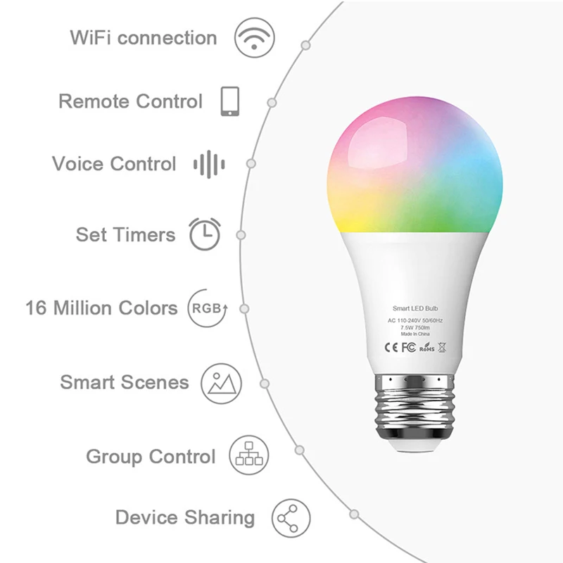 Tuya Smart Life Wifi умный светодиодный светильник, лампа E27 7,5 Вт 750Lm RGB+ 6500K холодный белый светильник, работает с Alexa Google Home IFTTT