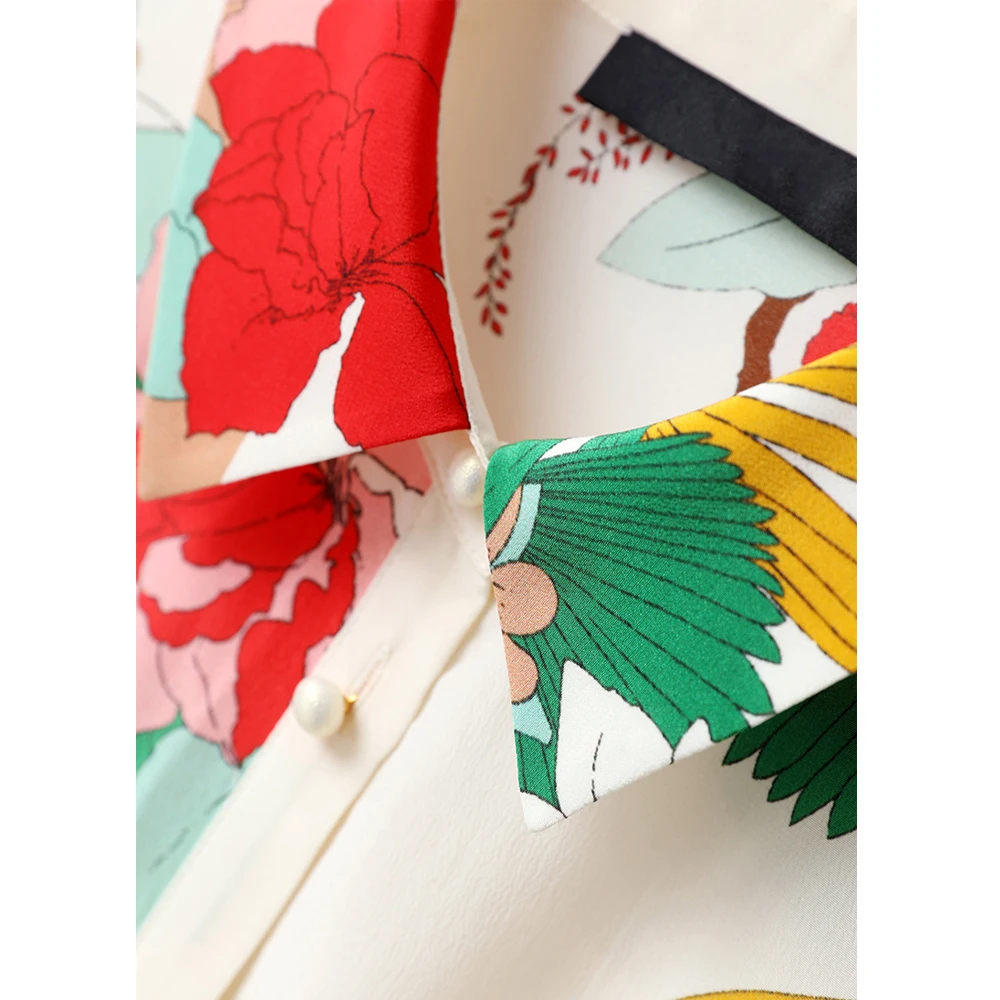 

Spring Pastoral Style Floral Printed Women Shirts Loose and Comfortable Silk Top Blouses Elegant Office Lady White Shirts Tops